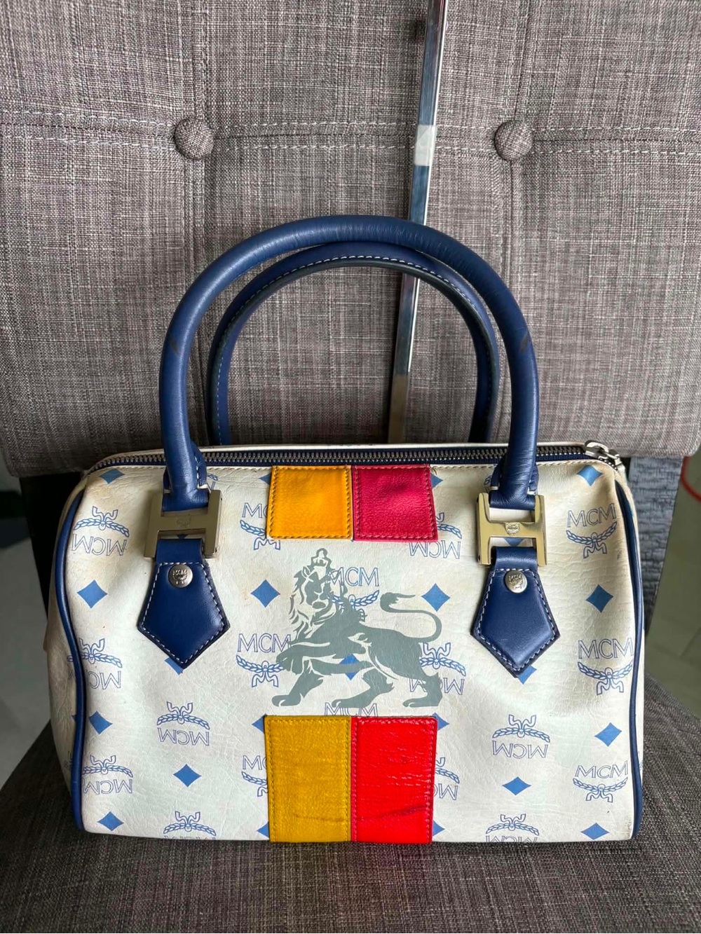 MCM Cream Logo Satchel with Navy Trim and Yellow & Red Panels